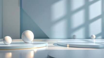 A 3D render of a minimalist composition with white spheres elegantly placed on cylindrical bases against a serene blue background