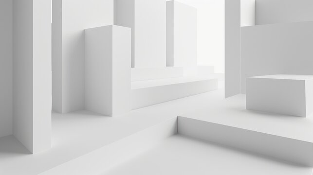 A minimalist 3D rendering of white geometric shapes, with cubes and rectangles arranged in a clean, bright space