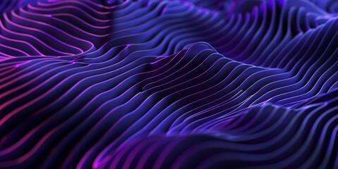 A 3D rendered image featuring flowing purple lines across a dark backdrop, creating an abstract wave pattern