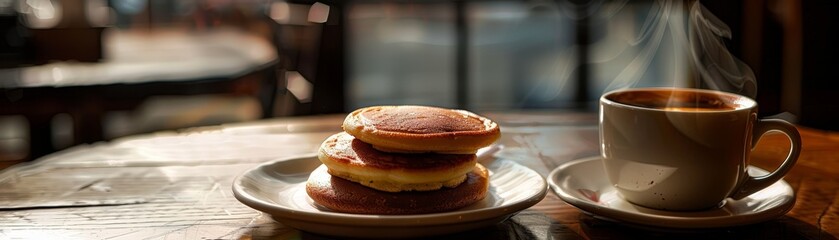 A cozy corner of a Japanese cafe, with a plate of dorayaki pancakes filled with sweet adzuki bean paste, accompanied by a cup of steaming coffee