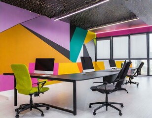 Modern interior of open co-working space with ergonomic furniture and dynamic bold colors,...