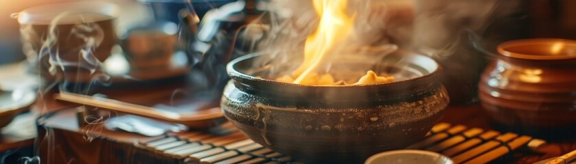 A cozy winter scene of oden in a clay pot, with dimmed lighting and steam rising, surrounded by vintage Japanese cooking utensils