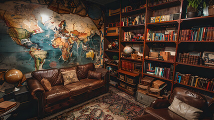 An exotic travel-themed man cave with souvenirs from around the world a map wall and comfortable travel literature reading area.