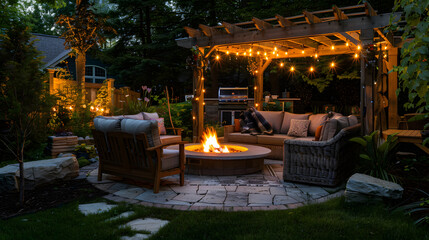 An outdoor man cave set in a backyard with a fire pit comfortable seating and ambient lighting for evening gatherings.