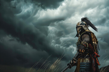 Naklejka premium A warrior stands in the rain, holding a sword