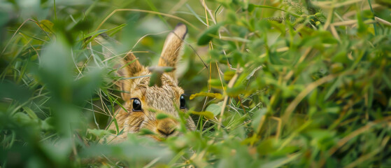 Obraz premium A rabbit is peeking out from the grass