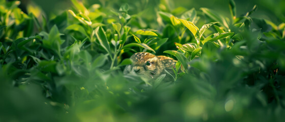 A small brown animal is hiding in the green leaves