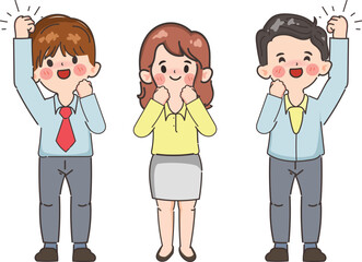 Team workers smiling and raising hands up. Hand drawn style vector design illustrations.