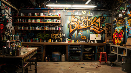 An urban graffiti artists man cave with a wall dedicated to spray paint art a design station and shelves of spray cans.