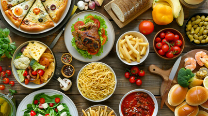 A table full of food including pizza, chicken, bread, and vegetables