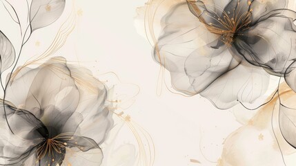 Abstract art background vector. Luxury minimal style wallpaper with golden line art flower and botanical leaves, Organic shapes, Watercolor. Vector background for banner, poster, Web and packaging