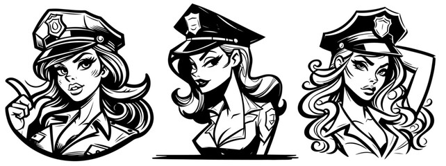 policewoman pin-up girl illustration, adorable beautiful pinup police woman model, comic book cartoon character, black shape silhouette vector decoration printing, laser cutting engraving project