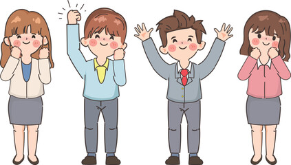 Team workers smiling and raising hands up. Hand drawn style vector design illustrations.