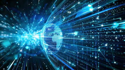 Obraz premium The digital globe spins out of control, global network connectivity Earth. Data transfer occurs at breakneck speeds, fueling a frenzy of business transactions