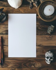 Blank paper on a wooden desk with decor - A vintage creative setup with a blank paper surrounded by an ornate candle holder, a white mask, and a box