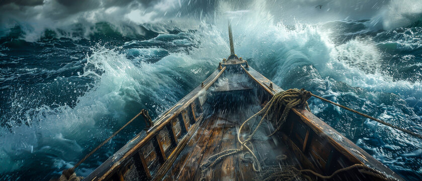 A boat is in the middle of a rough sea with waves crashing against it