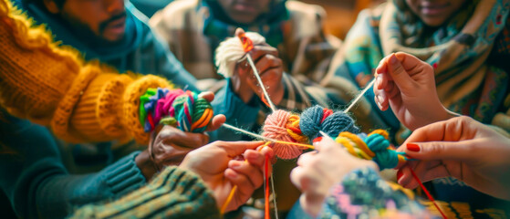 A group of people are sitting together and knitting