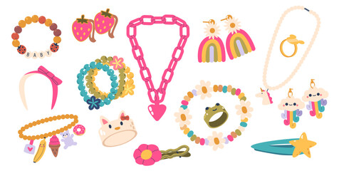 Collection Of Children Jewelry. Vector Set of Adorable Bracelets, Necklaces And Earrings With Colorful Beads, Charms