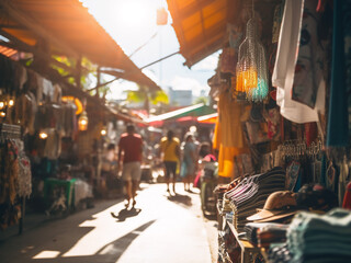 Naklejka premium Vintage-filtered market: tourists shop on a sunny Bangkok day