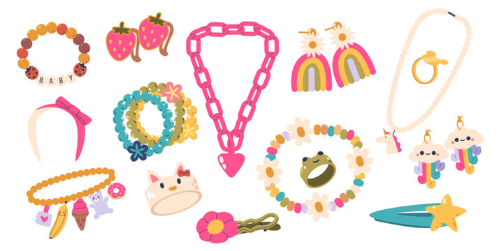 Collection Of Children Jewelry. Vector Set of Adorable Bracelets, Necklaces And Earrings With Colorful Beads, Charms
