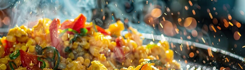 Ackee and saltfish, national dish of Jamaica, vibrant street fair in Kingston