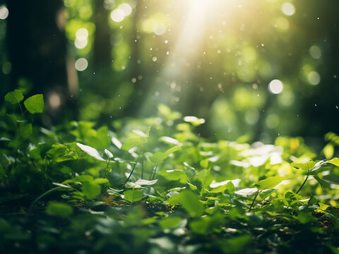 Sunlit forest scene softly blurred for your design needs