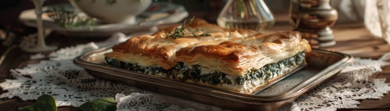 Albanian byrek, spinach and feta in flaky pastry, served on a vintage metallic tray, old kitchen table, morning light filtering through lace curtains