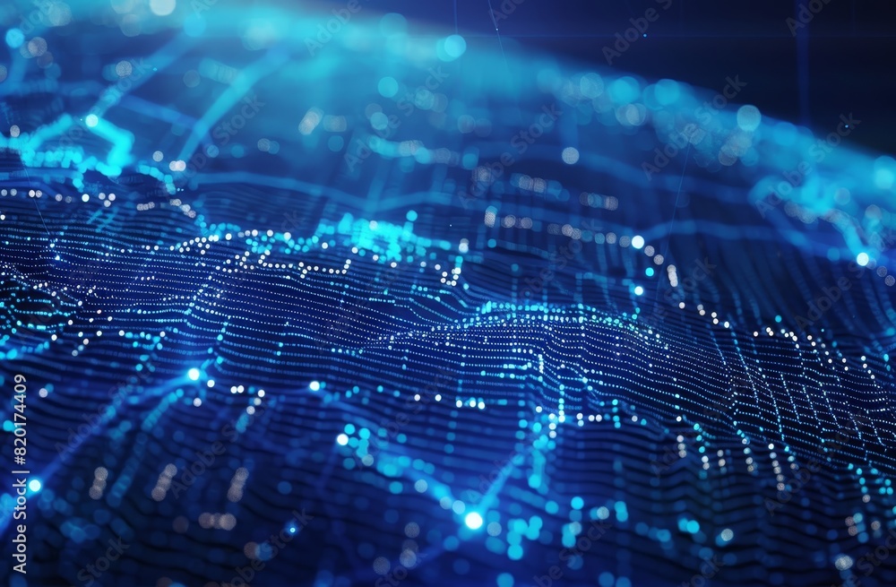 Poster dynamic digital terrain with blue lighting - a dynamic digital landscape representing data flow or c
