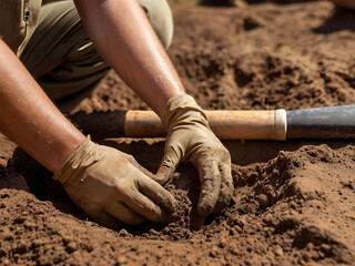 Archaeological excavations, archaeologists work, dig up an ancient clay artifact with special tools in soil