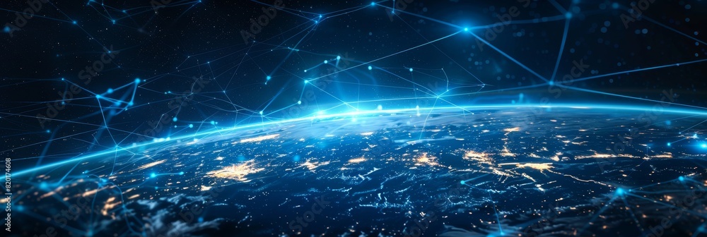 Poster digital earth from space with network lines - a captivating image showing a digital visualization of