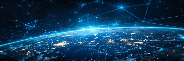 Obraz premium Digital Earth from space with network lines - A captivating image showing a digital visualization of Earth from space with glowing network connections representing global communication