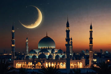 Crescent Moon With Beautiful Mosque On Evening Background