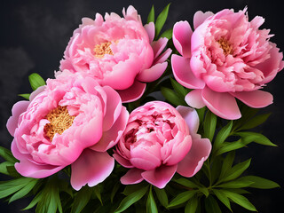 Soft pink peonies, a delicate contrast against rough stone