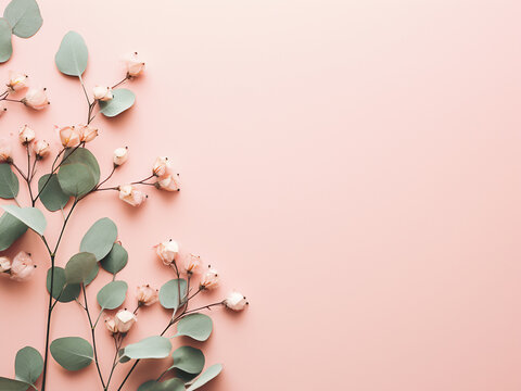 Eucalyptus branches and eringium flowers on pastel pink