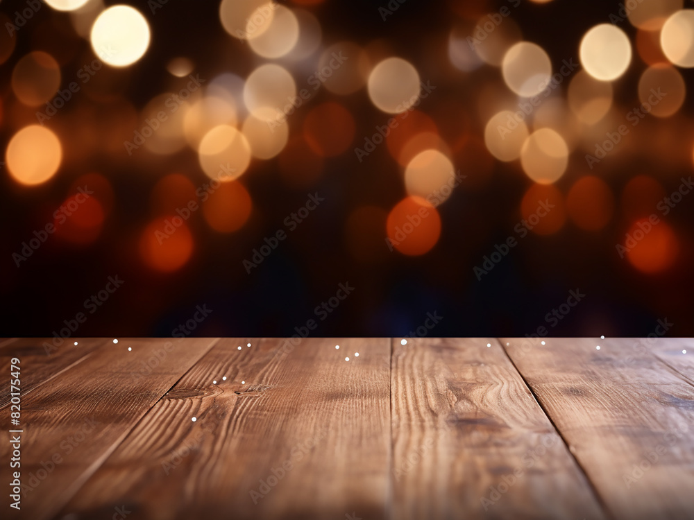 Poster wood table with abstract bokeh background, ideal for product display