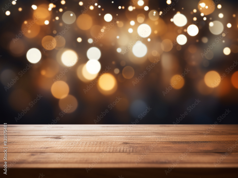 Poster bokeh lights blur with a focus on a wooden table for product display