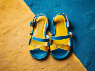 Fototapeta premium Summer vibes: blue sandals laid out on a yellow backdrop