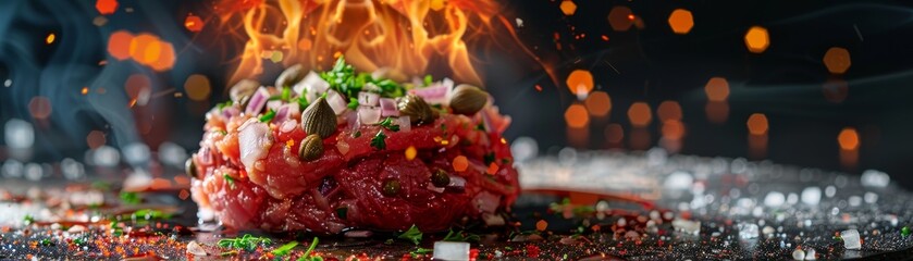 Beef tartare, raw chopped beef seasoned with capers and onions, modern European bistro