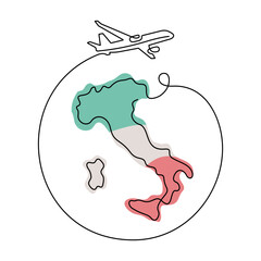 Travel Italy one line vector illustration. Map of Italy and airplane drawing.