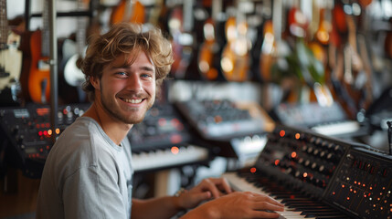 handsome guy working in a music instrument store helpful smile portrait