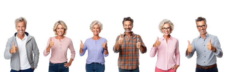Set of adult people showing OK gesture, thumbs-up. Isolated on transparent background