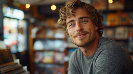 Fototapeta premium handsome guy working in a record store helpful smile portrait