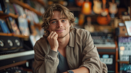 Obraz premium handsome guy working in a record store helpful smile portrait