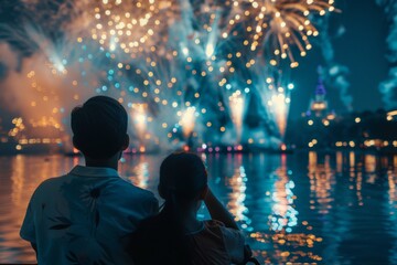 With cinematic color grading, the fireworks display mesmerizes a family, their expressions reflecting pure wonder as the night sky bursts into color.