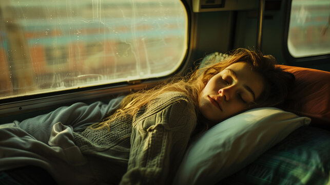 young woman sleeping at the train in the sleeping car travel on a long but cheap way