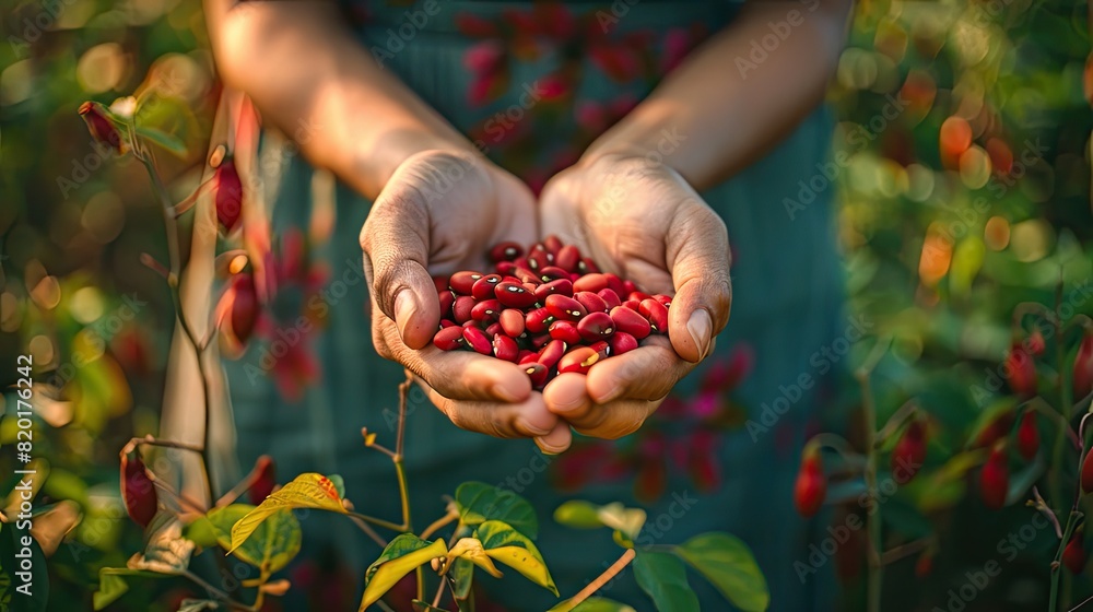 Wall mural harvest of beans in the hands of a woman in the garden. selective focus. - Wall murals