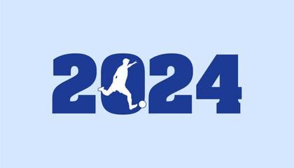 Grafik als Symbolbild f&uuml;r die Fu&szlig;ball EM 2024. Fu&szlig;ballspieler mit Ball vor Jahreszahl als Vektor Logo gestaltet.