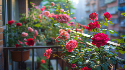 colorful blooming roses at a little french balcon