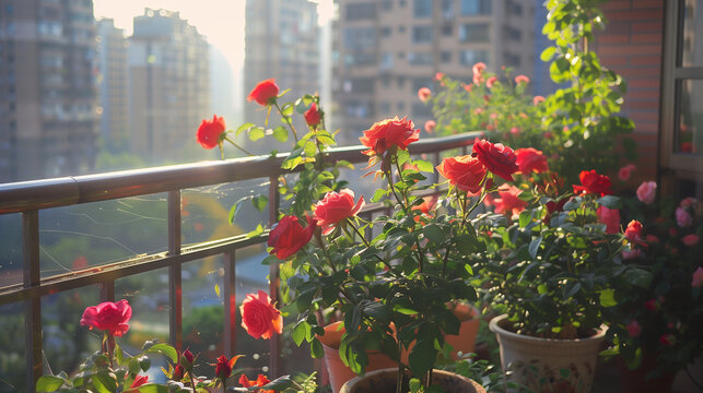 colorful blooming roses at a little french balcon