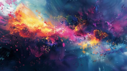 Naklejka premium An abstract painting featuring vibrant splatters of various colors creating a dynamic and energetic composition